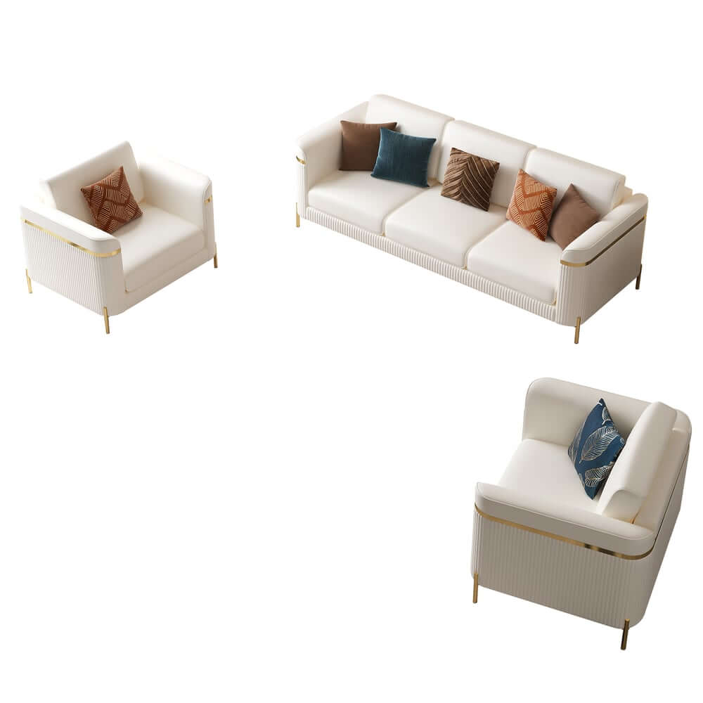 Modern White Faux Leather Sofa Set With Gold Legs