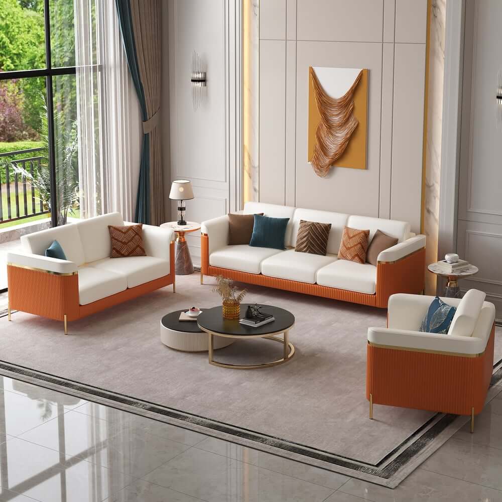 Modern White Faux Leather Sofa Set With Gold Legs