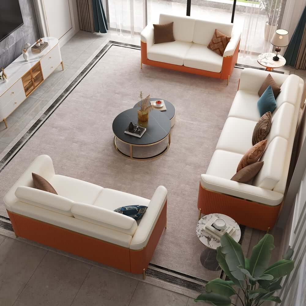 Modern White Faux Leather Sofa Set With Gold Legs