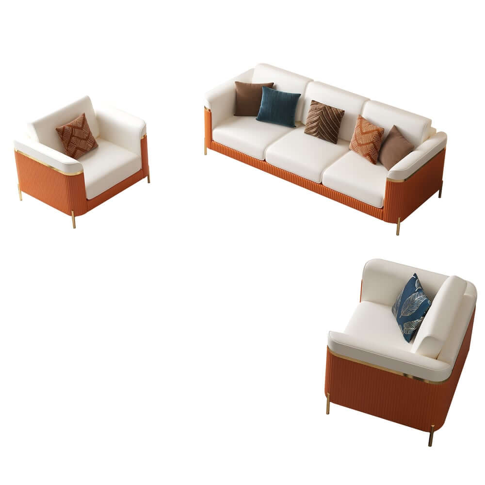 Modern White Faux Leather Sofa Set With Gold Legs