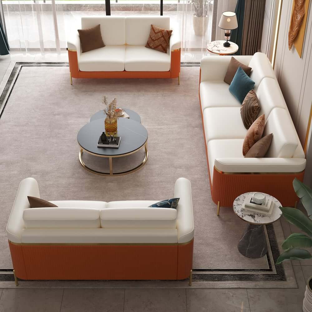 Modern White Faux Leather Sofa Set With Gold Legs