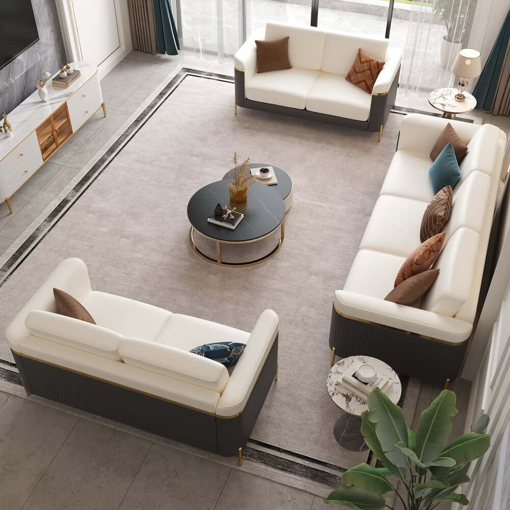 Modern White Faux Leather Sofa Set With Gold Legs