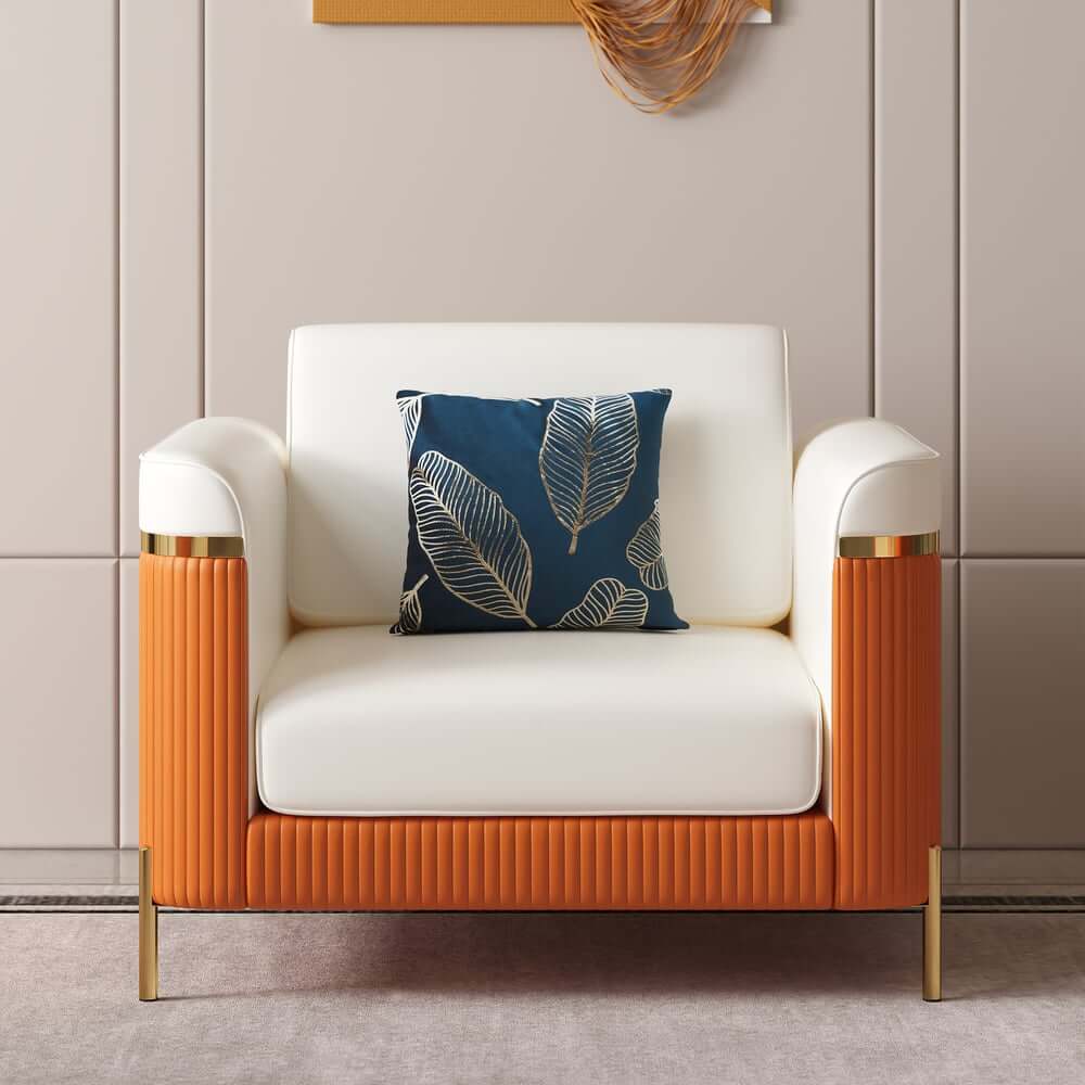 Modern White Faux Leather Sofa Set With Gold Legs