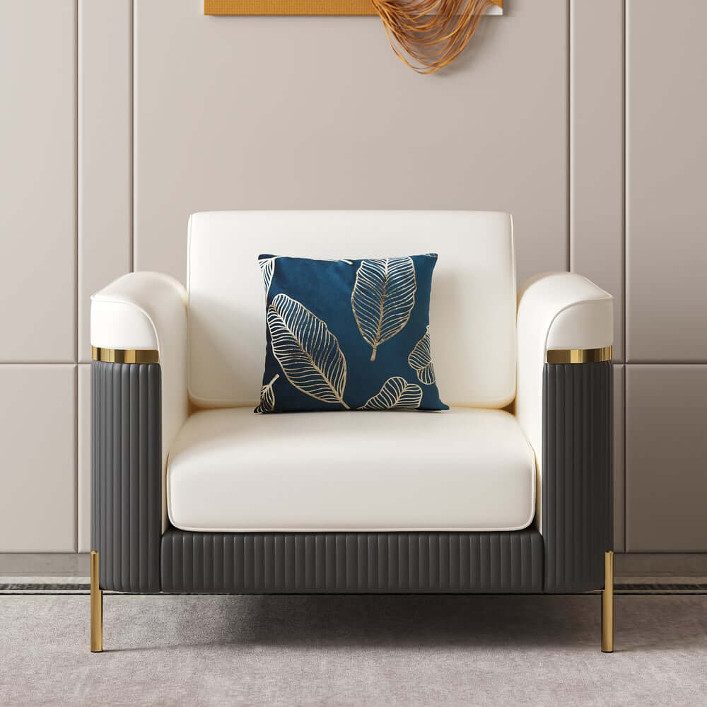 Modern White Faux Leather Sofa Set With Gold Legs