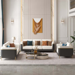 Modern White Faux Leather Sofa Set With Gold Legs