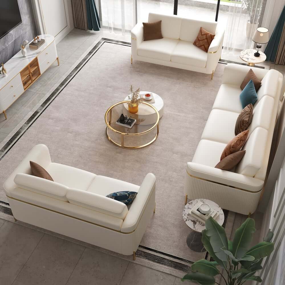 Modern White Faux Leather Sofa Set With Gold Legs