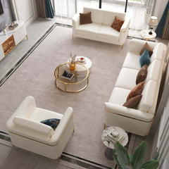 Modern White Faux Leather Sofa Set With Gold Legs
