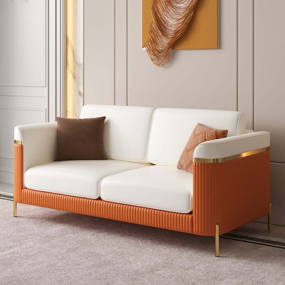 Modern White Faux Leather Sofa Set With Gold Legs
