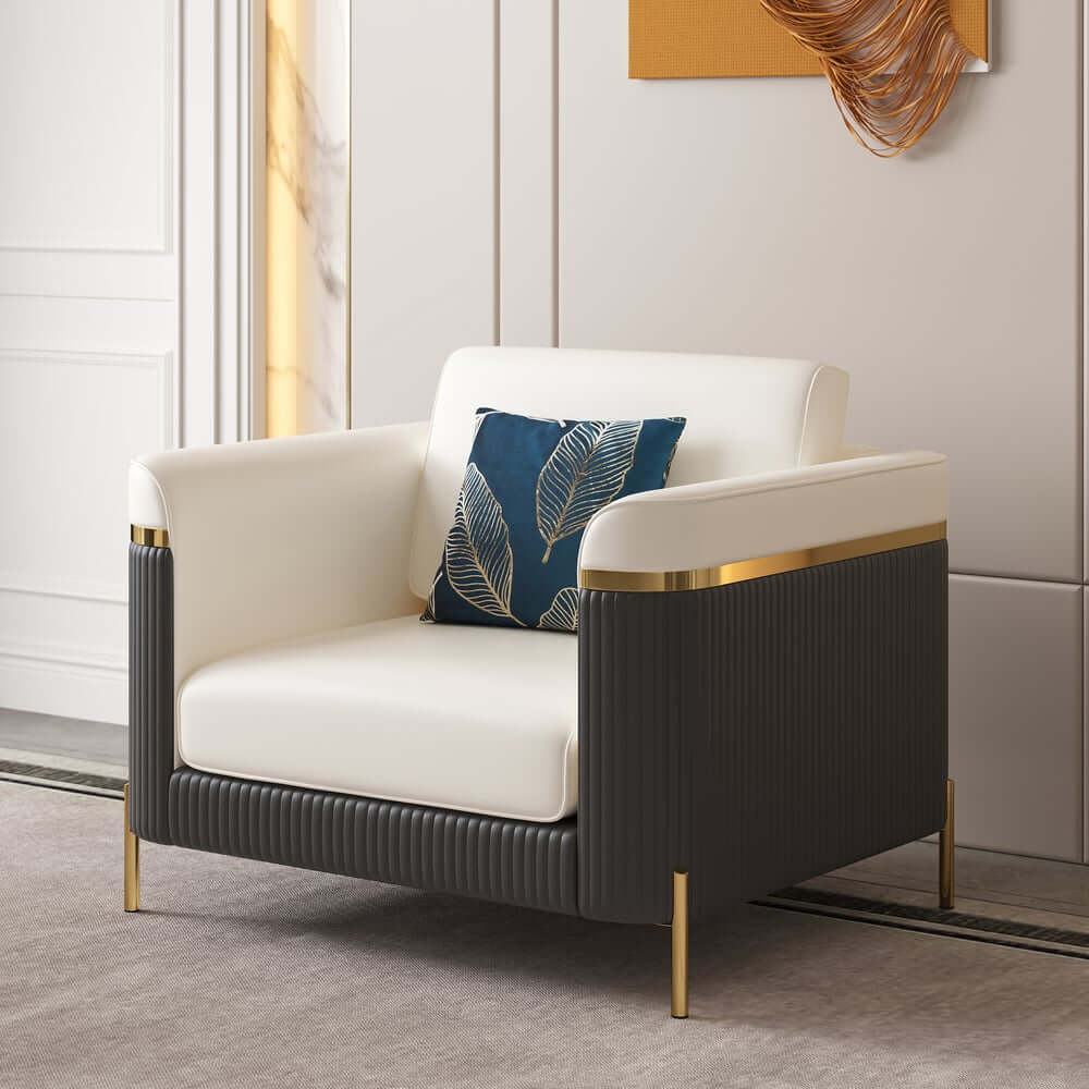 Modern White Faux Leather Sofa Set With Gold Legs