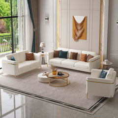 Modern White Faux Leather Sofa Set With Gold Legs