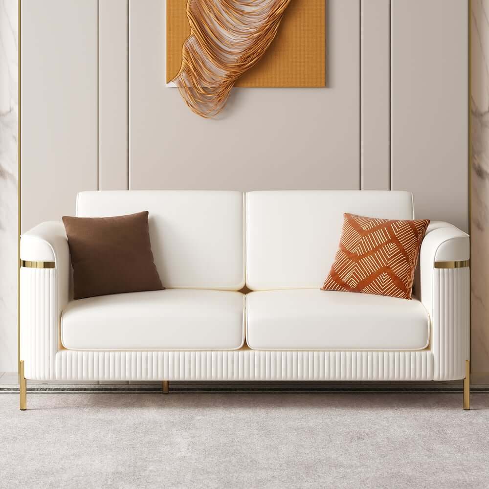 Modern White Faux Leather Sofa Set With Gold Legs