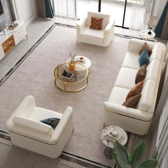 Modern White Faux Leather Sofa Set With Gold Legs