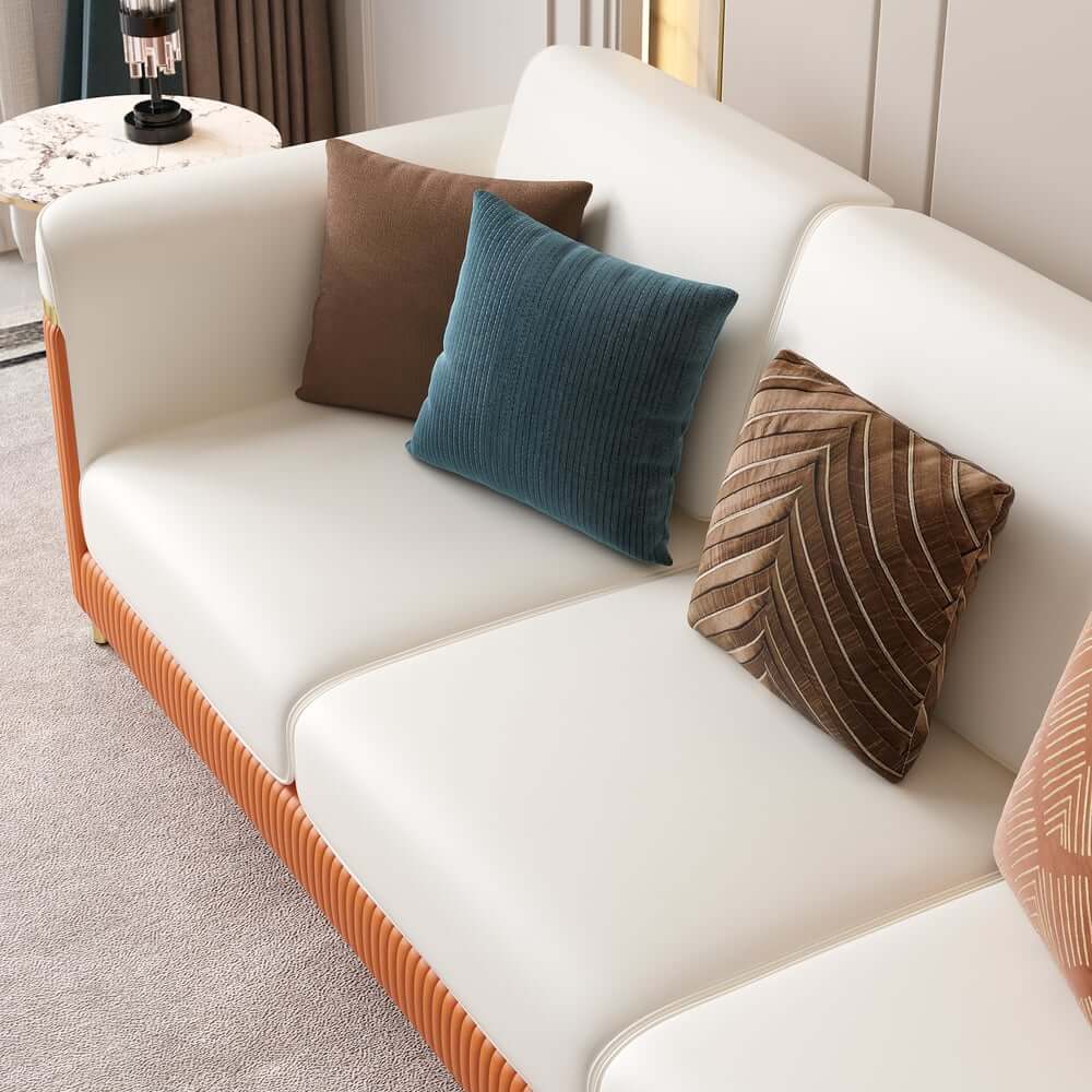 Modern White Faux Leather Sofa Set With Gold Legs