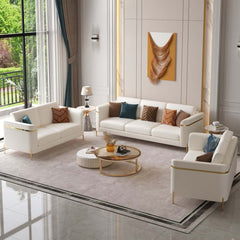 Modern White Faux Leather Sofa Set With Gold Legs