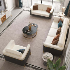 Modern White Faux Leather Sofa Set With Gold Legs