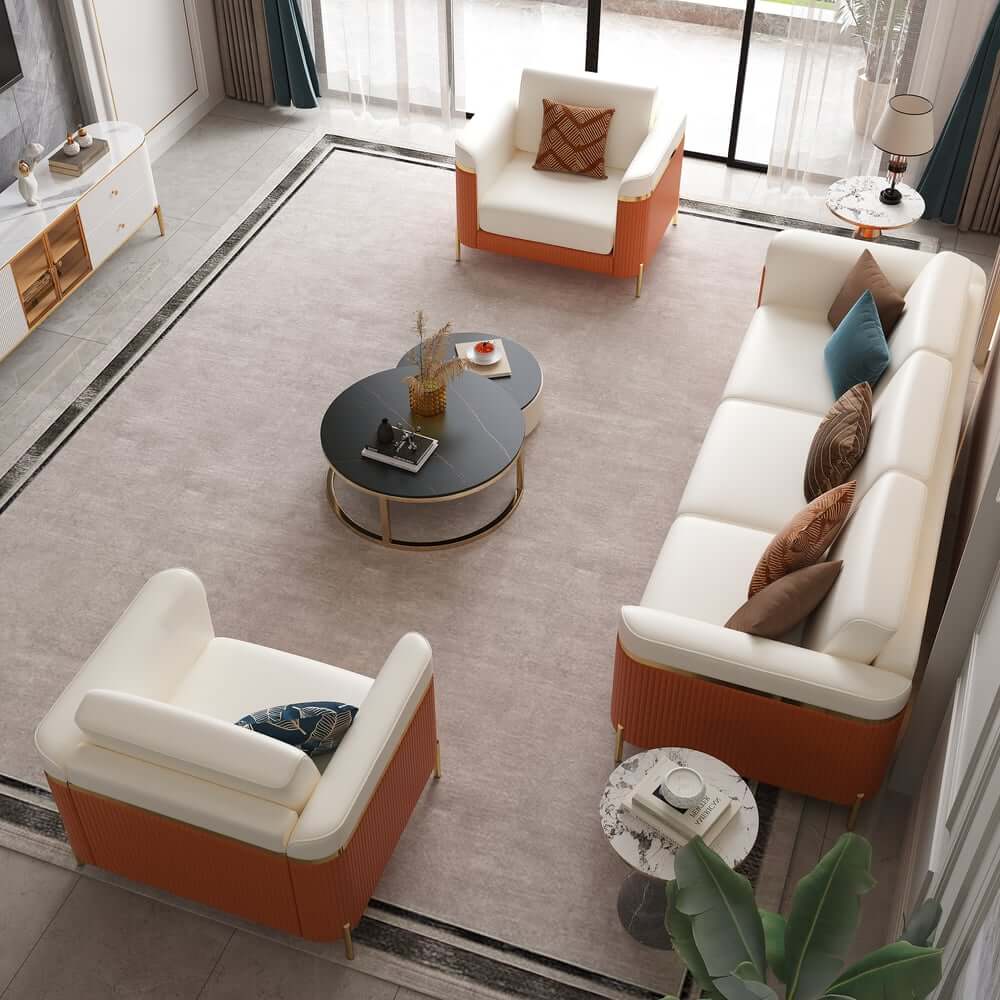 Modern White Faux Leather Sofa Set With Gold Legs