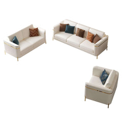 Modern White Faux Leather Sofa Set With Gold Legs