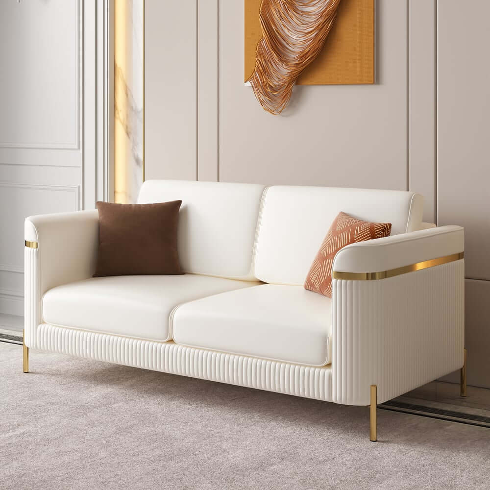 Modern White Faux Leather Sofa Set With Gold Legs