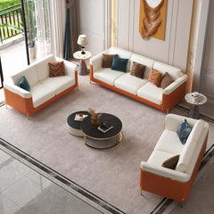 Modern White Faux Leather Sofa Set With Gold Legs