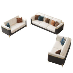 Modern White Faux Leather Sofa Set With Gold Legs