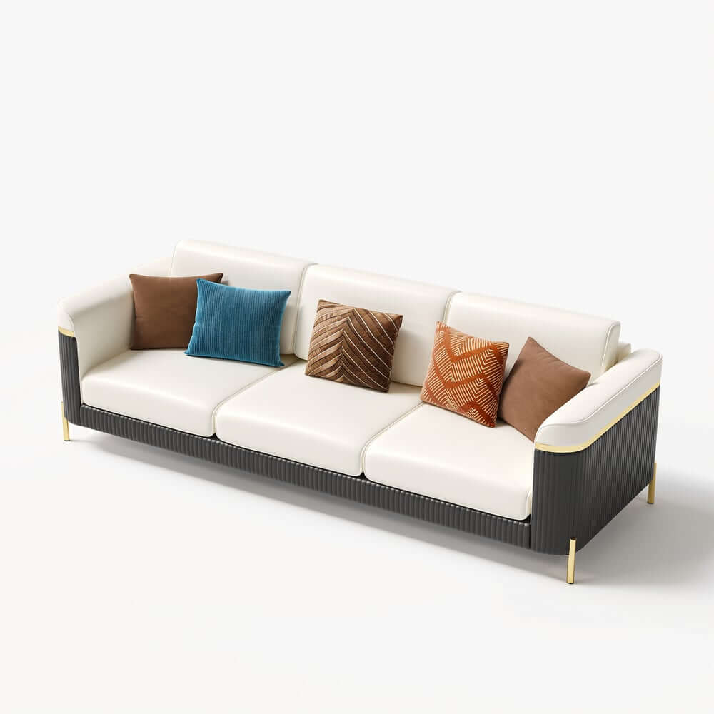 Modern White Faux Leather Sofa Set With Gold Legs