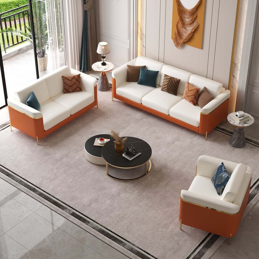 Modern White Faux Leather Sofa Set With Gold Legs