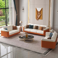 Modern White Faux Leather Sofa Set With Gold Legs