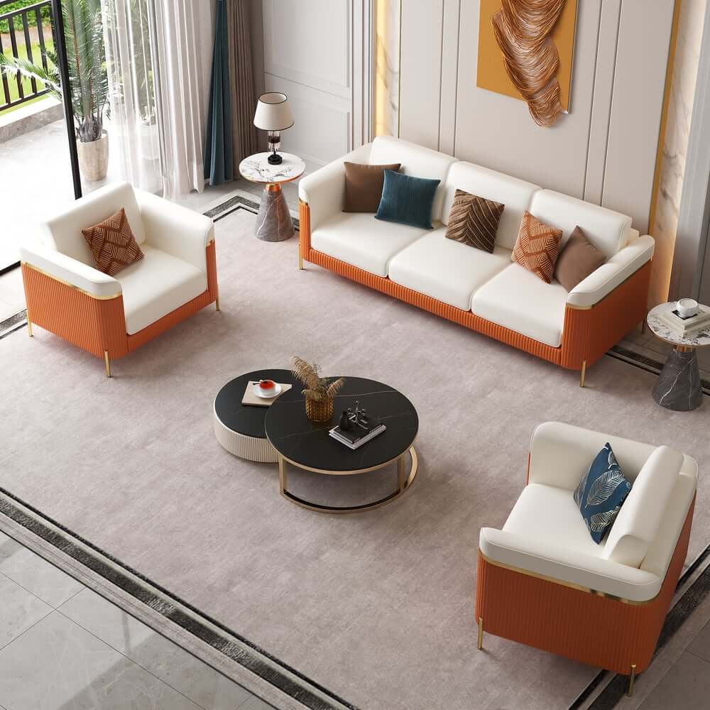 Modern White Faux Leather Sofa Set With Gold Legs