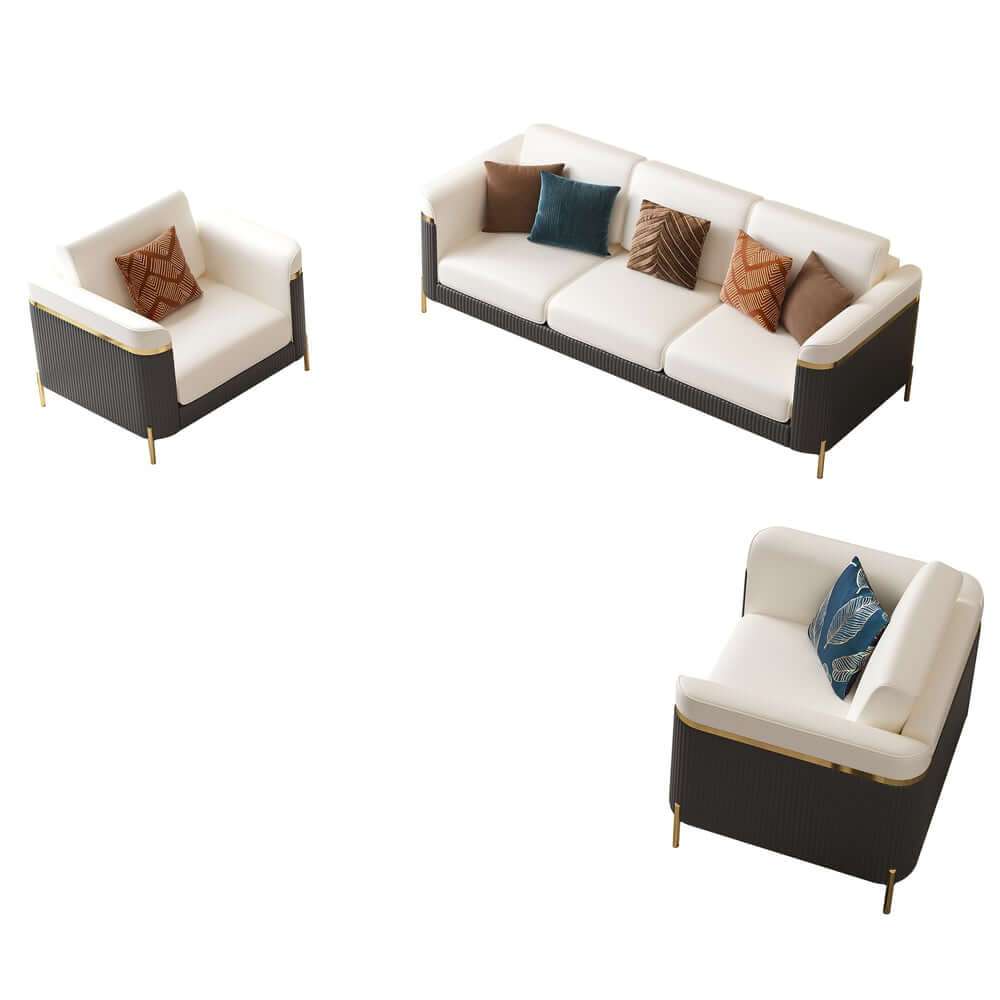 Modern White Faux Leather Sofa Set With Gold Legs
