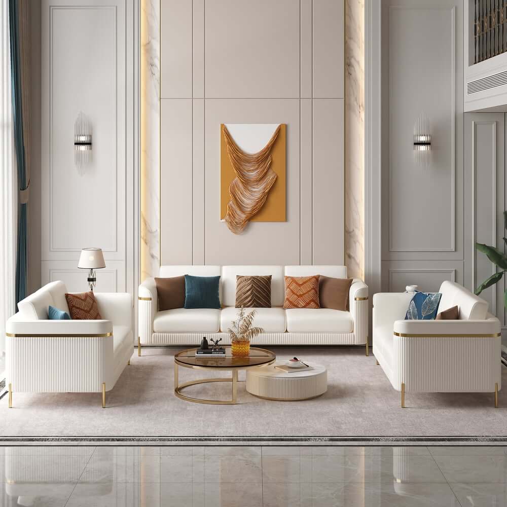 Modern White Faux Leather Sofa Set With Gold Legs