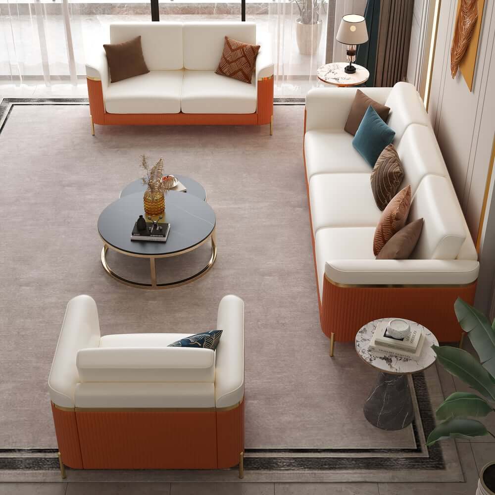 Modern White Faux Leather Sofa Set With Gold Legs