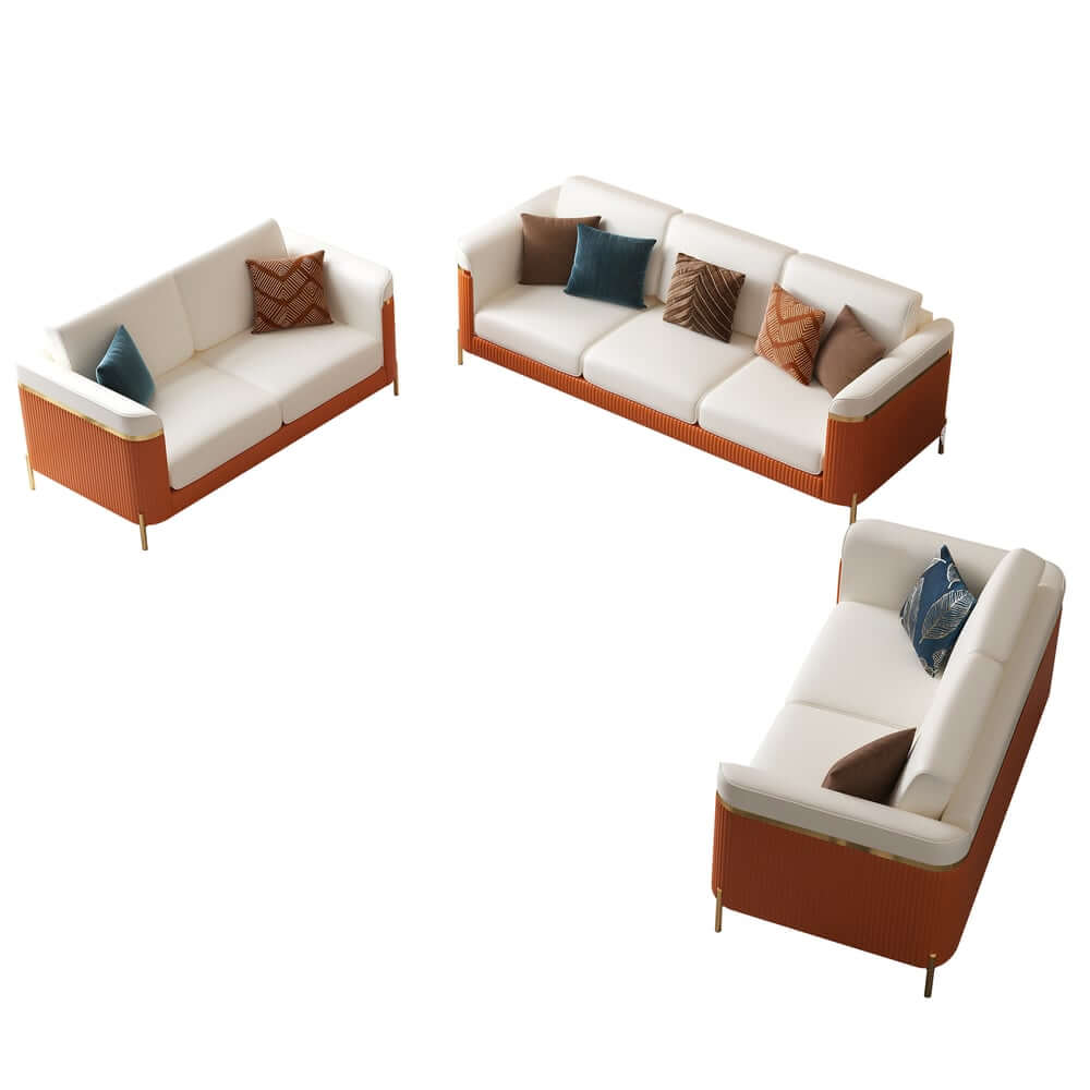 Modern White Faux Leather Sofa Set With Gold Legs