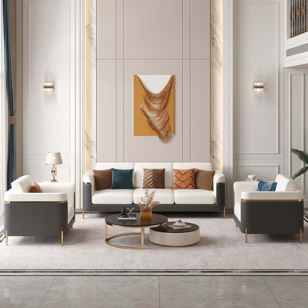 Modern White Faux Leather Sofa Set With Gold Legs
