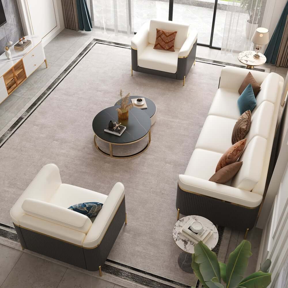 Modern White Faux Leather Sofa Set With Gold Legs