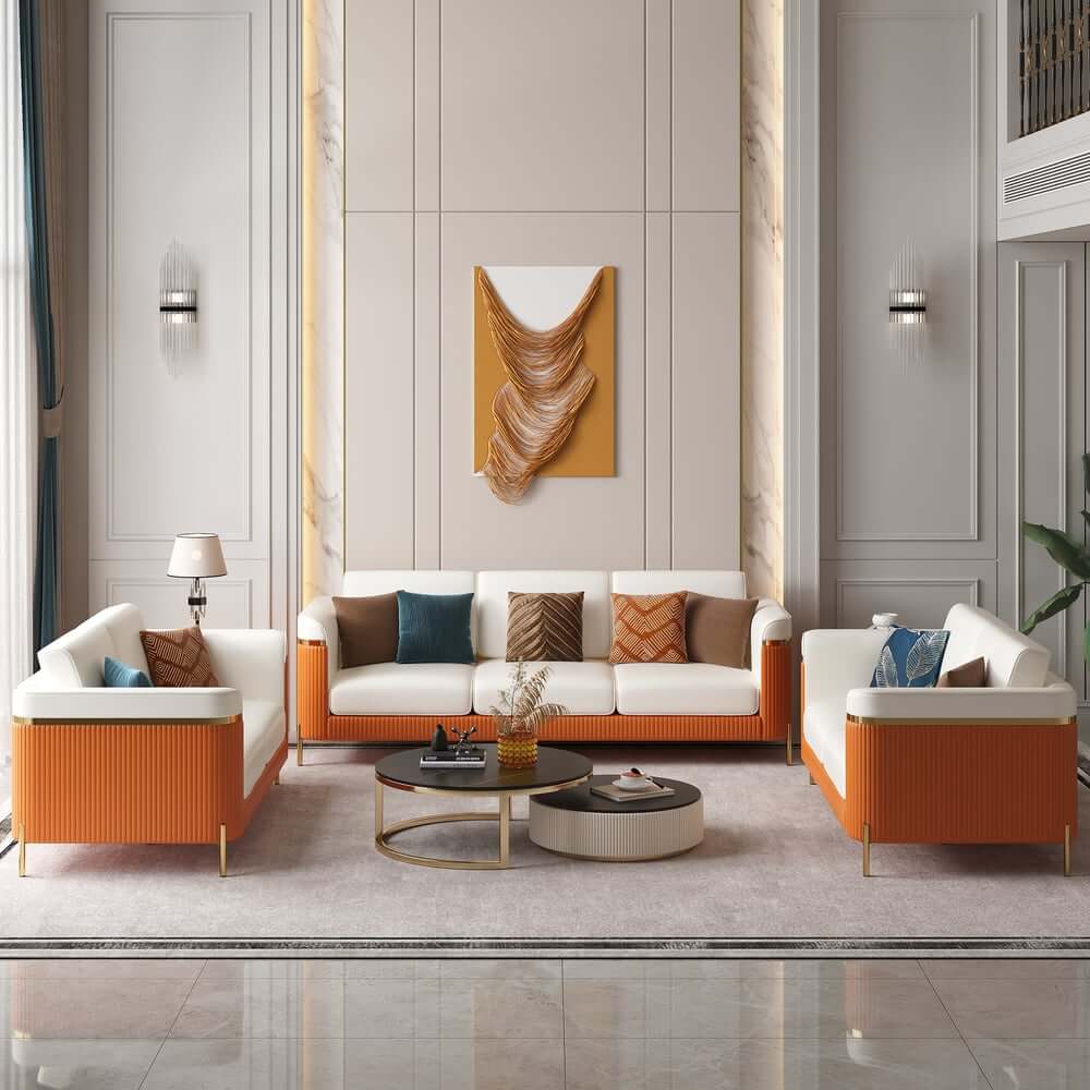 Modern White Faux Leather Sofa Set With Gold Legs