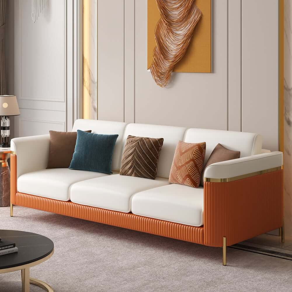Modern White Faux Leather Sofa Set With Gold Legs
