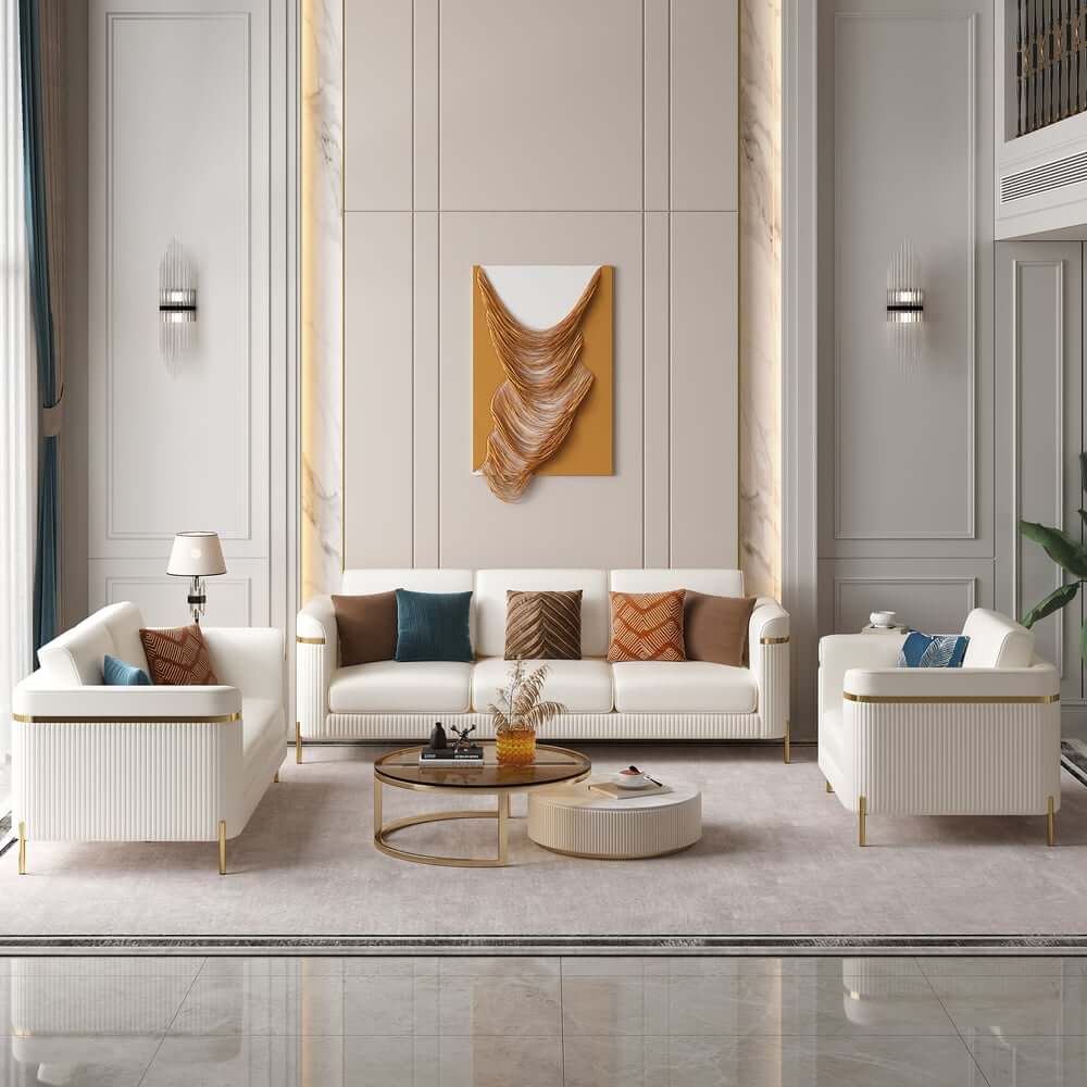 Modern White Faux Leather Sofa Set With Gold Legs