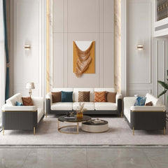 Modern White Faux Leather Sofa Set With Gold Legs