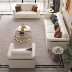 Modern White Faux Leather Sofa Set With Gold Legs