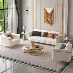 Modern White Faux Leather Sofa Set With Gold Legs