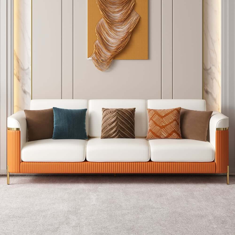 Modern White Faux Leather Sofa Set With Gold Legs