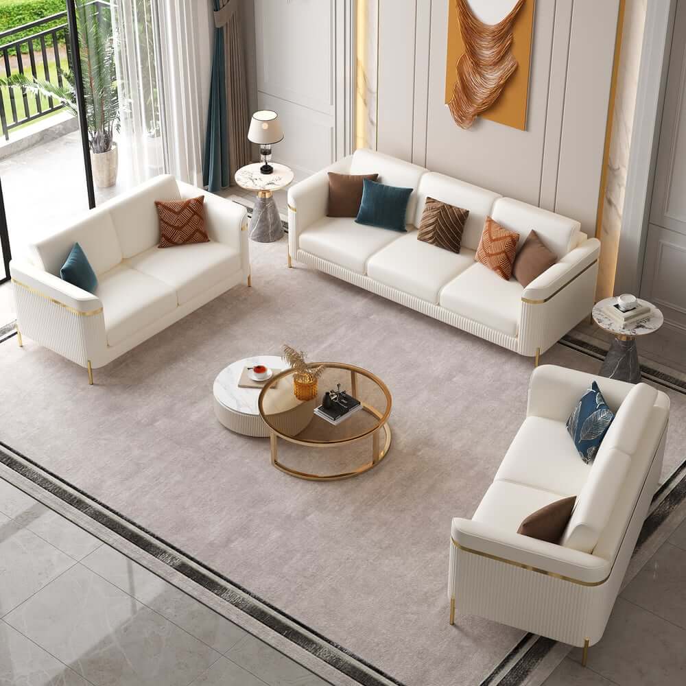 Modern White Faux Leather Sofa Set With Gold Legs