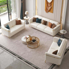Modern White Faux Leather Sofa Set With Gold Legs
