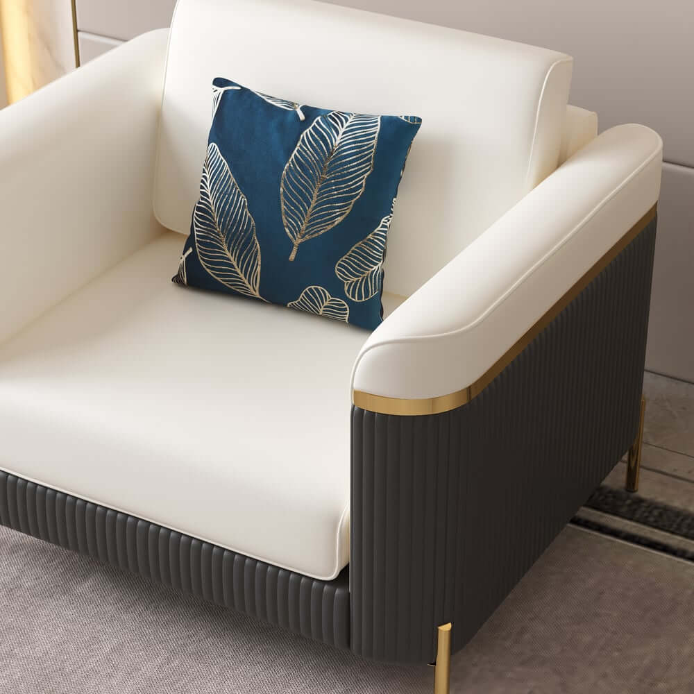 Modern White Faux Leather Sofa Set With Gold Legs