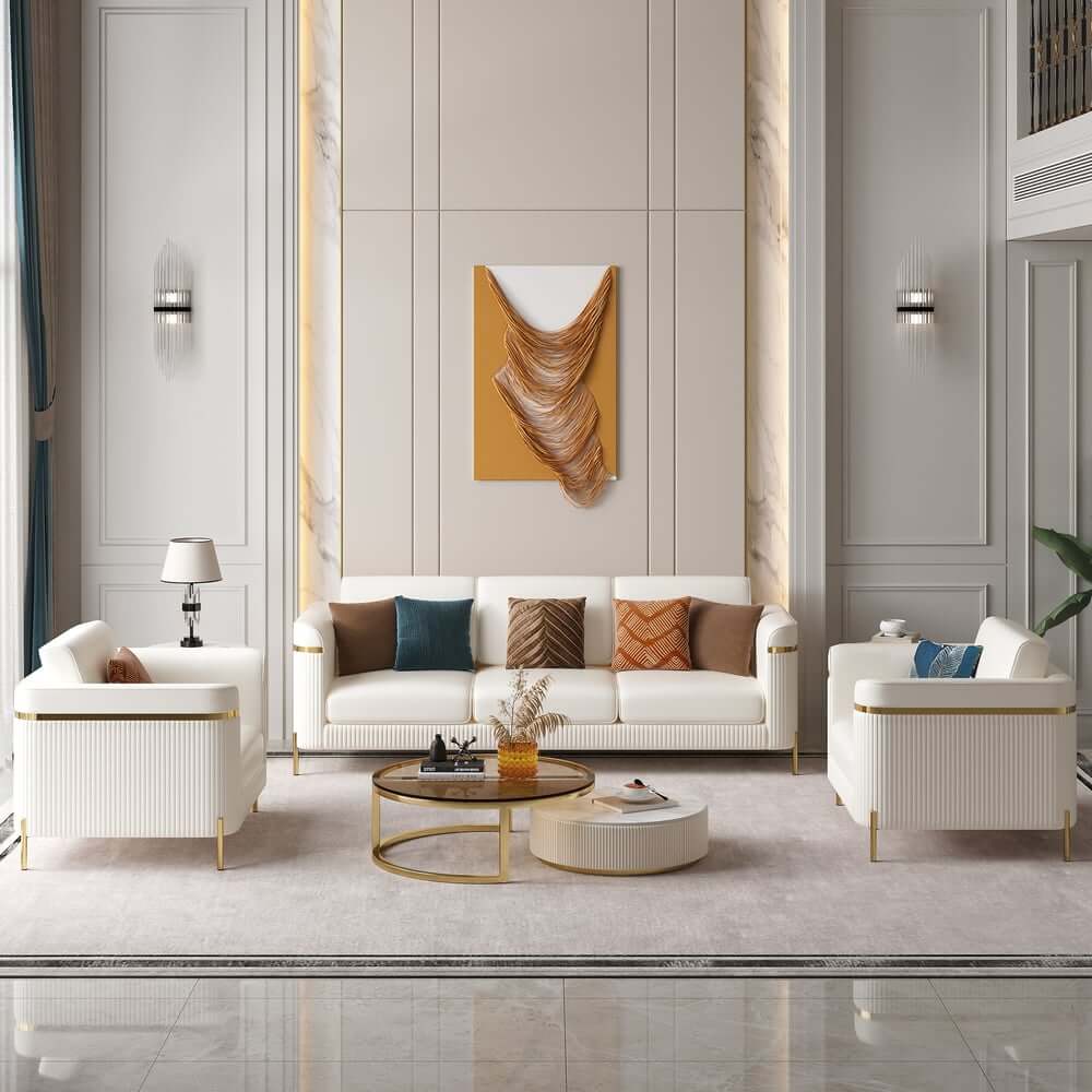 Modern White Faux Leather Sofa Set With Gold Legs