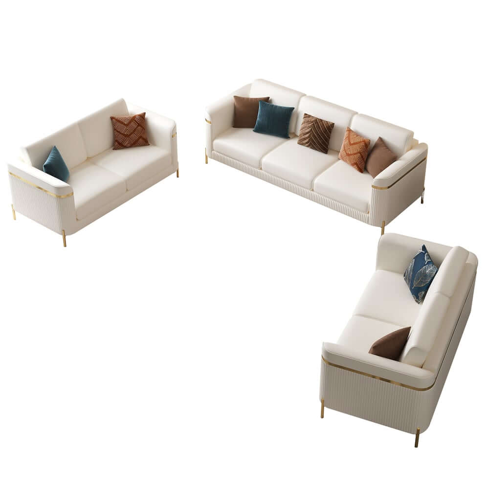 Modern White Faux Leather Sofa Set With Gold Legs