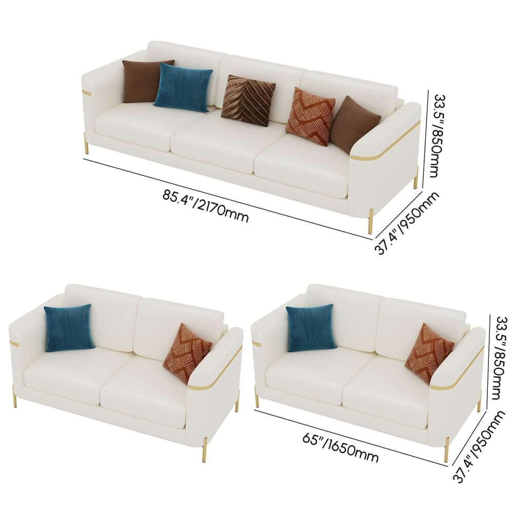 Modern White Faux Leather Sofa Set With Gold Legs Dimensions