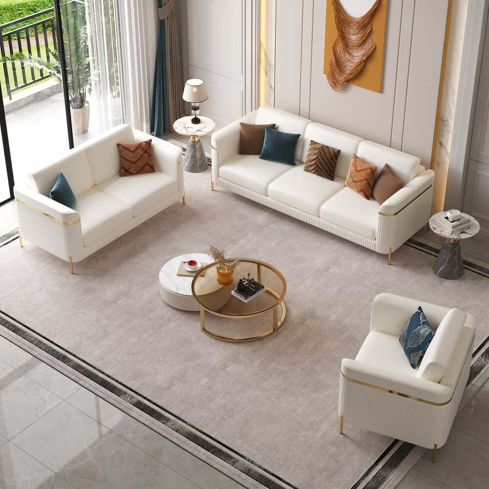 Modern White Faux Leather Sofa Set With Gold Legs Main Product Image