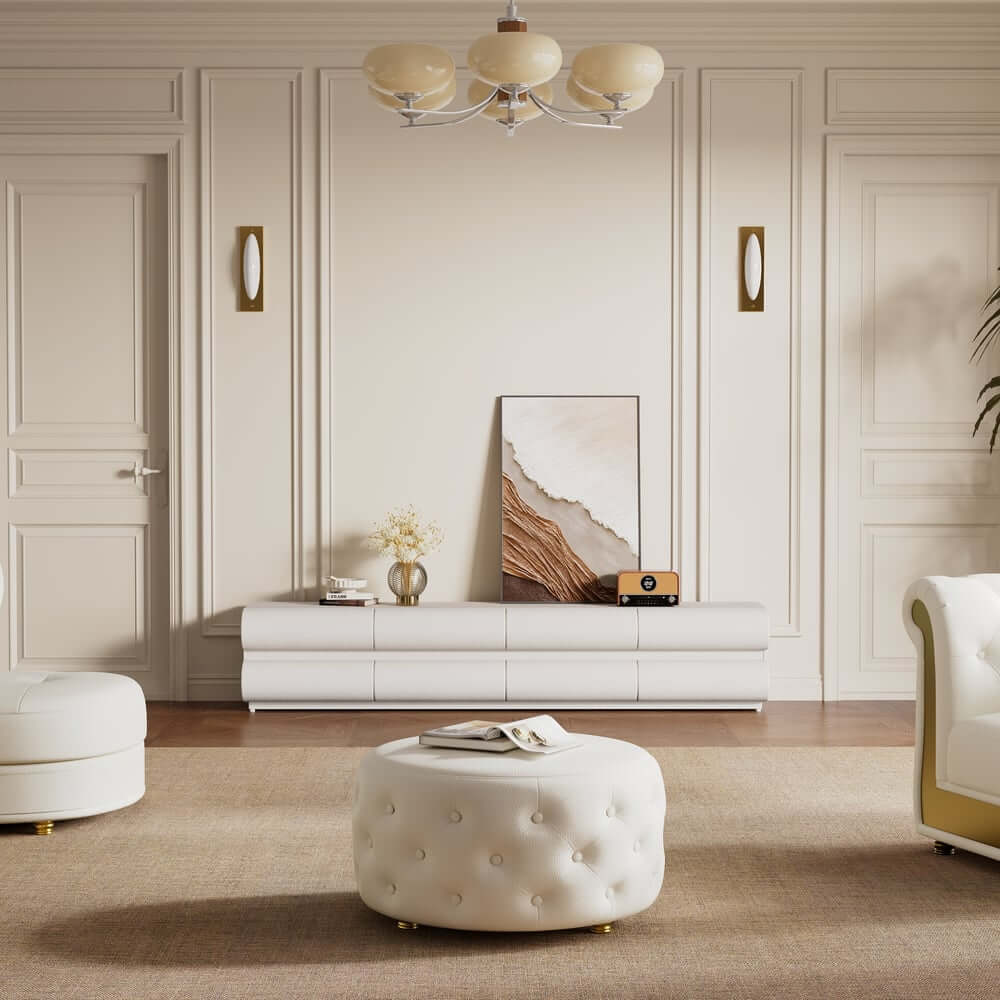 Modern White Faux Leather TV Stand With 8 Drawers