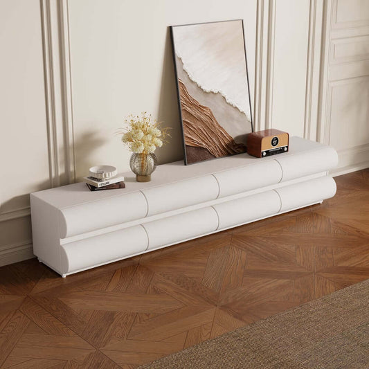 Modern White Faux Leather TV Stand With 8 Drawers